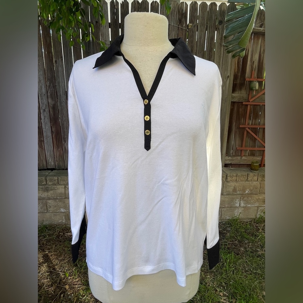 NWT Lauren Ralph Lauren White Top black collar and cuffs nautical coastal cruise